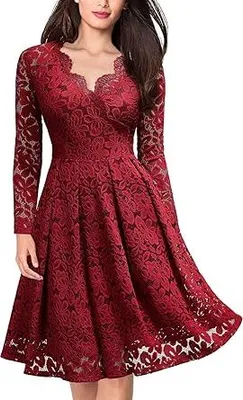 Produktbild von Damen Vintage Spitzenkleid mit Langen Ärmeln und V-Ausschnitt für Cocktailpartys – Weihnachtsrot