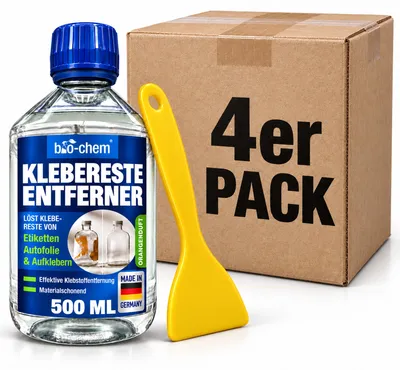 Produktbild von bio-chem Klebstoffentferner EXTRA STARK Set 4 x 500 ml mit Schaber – Klebereste Entferner & Etikettenlöser für Aufkleber, Fenster, Glas, Holz & Auto