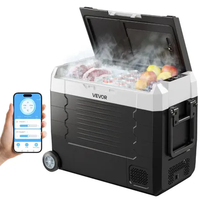 Obrázek produktu pro Chladicí box VEVOR s kompresorem 12/24 V DC, 100–240 V AC, automobilová lednička o objemu 45 l s ovládáním přes aplikaci, kolečky a 2 teplotními zónami (-20 °C až 20 °C), přenosná chladnička pro karavany, lodě, kempování a rybaření