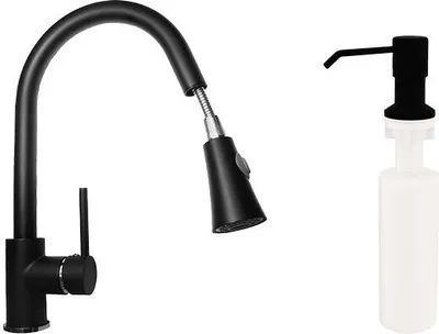 Immagine prodotto di Granitan | Rubinetto per lavello in granito - rubinetto da cucina + dispenser per sapone - Nero - Altezza 40 cm - Orientabile a 360° - Estraibile