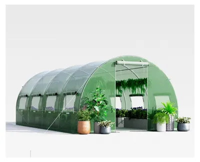 Produktbild von Gewächshaus, 6x3x2m | 18m², Foliengewächshaus mit Metallgestell, Treibhaus mit 10 aufrollbaren Netzfenstern und 2 Reißverschlusstüren, Garten Folientunnel für Tomaten, Blumen, Obst und Gemüse, Grün