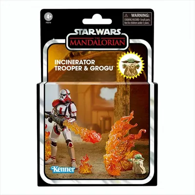 The image shows the packaging of a Star Wars action figure set, featuring an Incinerator Trooper and Grogu.