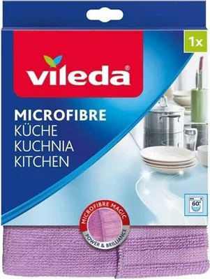 Packaging for a Vileda microfiber cloth, showing the product and kitchenware.