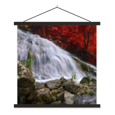 Produktbild von MuchoWow® Textilposter Wasserfall - Felsen - Wasser - Herbst 120x120 cm mit schwarzem Rahmen - Aufhängungsset
