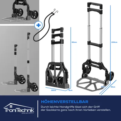 Produktbild von TroniTechnik® Sackkarre Handkarre klappbar, Transportkarre bis 80kg, Klappwagen - Vollgummireifen, höhenverstellbar