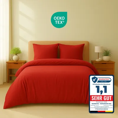 Produktbild von Komfortec Premium Bettwäsche 200x200 cm Bettbezug + 40x80 cm 2 Kissenbezüge, gebürstet 100% Polyester-Mikrofaser 120 g/m², 3teiliges Superweiches Bettwäsche-Set, Rot