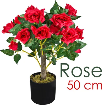 Image de Rosier Rose Plante Artificielle Artificiel avec Floraisons Rouge 50 cm Bois Naturelles Decovego