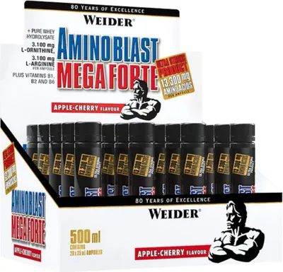 A box of Weider Amino Blast Mega Forte ampoules, with a display of the ampoules inside.