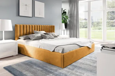 Produktbild von BETTSO Doppelbett Polsterbett Bett mit dekorativ Kopfstütze und Bettkasten FAME 180 x 200 cm Honig Gelb