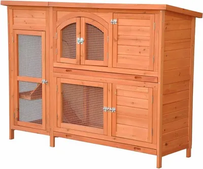 Produktbild von Kleintierstall Jumbo natur – 2 Ebenen, 5 Türen & Auszugwannen – 145 × 48 × 108 cm