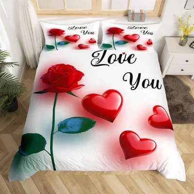 Productafbeelding van Bettenset 200x200 cm met rozen- en hartprint, wit/rood, microvezel