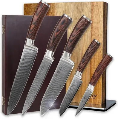 Imagen del producto de Juego de cuchillos de cocina con 5 cuchillos de acero damasco y un bloque magnético