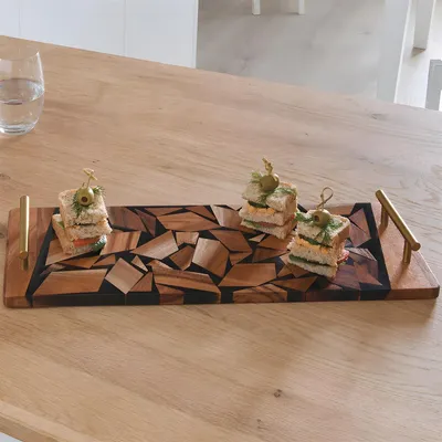 Produktbild von Tablett "Akazie" aus Holz mit Griffen in Messing, 43x15 cm, Serviertablett, Holztablett rechteckig, Kaffeetablett