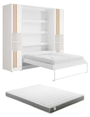 Produktbild von Vertikales Schrankbett 140 x 200 cm - 2 Stauraum-Schränke - Mit Lattenrost und LEDs - Weiß + Matratze - RAPILI