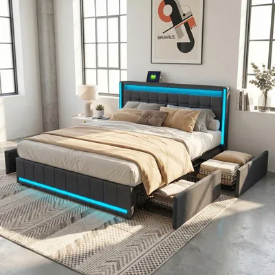 Immagine prodotto di ProximaX: letto imbottito moderno 160x200 cm grigio scuro, con LED RGB, 4 cassetti, porta USB e porta Type-C