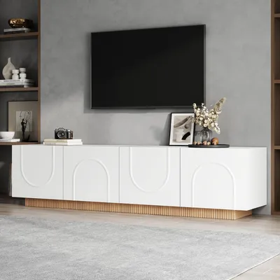 Produktbild von Merax TV-Schrank TV Lowboard mit 4 Türen, modernes TV-Möbel mit Bogenfront, Fernsehtisch mit Kabelmanagement, Stauraumschrank Wohnzimmer, Weiß