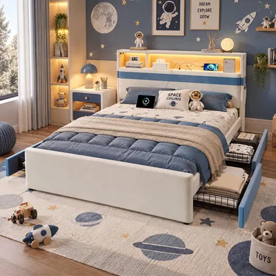 Immagine prodotto di Letto imbottito 140 x 200 cm con 4 cassetti, testiera LED e porta USB, rivestito in velluto bianco e blu