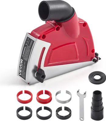 A red and silver angle grinder dust shroud with various accessories arranged below it on a white background.
