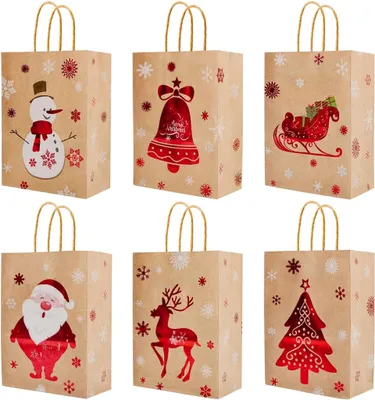 Produktbild von 24 Stück Weihnachts-Geschenktüten, weihnachtliche braune Papiertüten, Weihnachts-Geschenktüten, Geschenktüten mit Griffen, Weihnachts-Leckerli-Tüten für Feiertage, Papier-Geschenktüten, Party-Geschenktüten, Partyzubehör