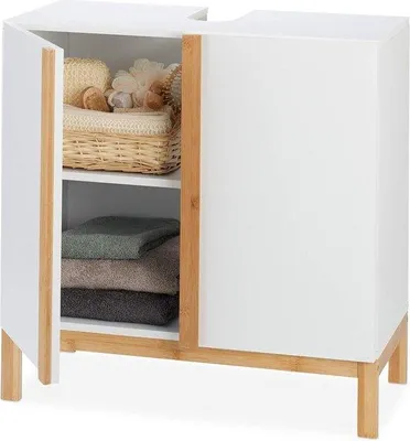 Image de Armoire de salle de bain en bambou à deux portes, blanc/naturel, 60 cm de large