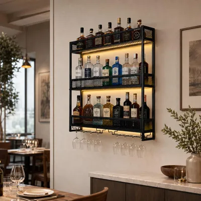 Obrázek produktu pro Nástěnný regál na víno s LED osvětlením, 3 úrovně, kovový stojan na lahve s držákem na sklenice, montáž na zeď