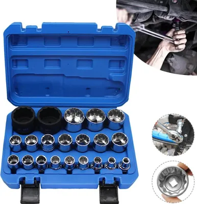 Obrázek produktu pro Sada nástrčných klíčů – 1,27 cm čtyřhran Spline/Torx – 21dílná – 12hran – 8–36 mm – pro opravy automobilů – modrá