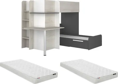 Produktbild von Eck-Etagenbett 2 × 90 × 190 cm - Integrierter Schreibtisch - Grau, weiß und schwarz - 2 Matratzen 90 × 190 cm - SAMUEL