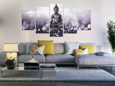 Produktbild von Akustikbild Buddha 200x100 cm Bilder Akustikschaum Hochleistungsschallabsorber Schallschutz Leinwand 5 tlg Wandbild Raumakustik Schalldämmung h-C-0012-b-p