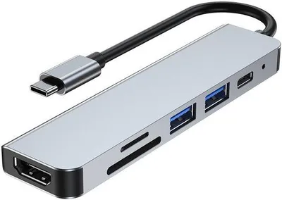 Obrázok produktu pre Multiportový rozbočovač USB-C 6 v 1 s čítačkou kariet, 87 W PD pre notebooky a zariadenia s podporou 4K, sivý