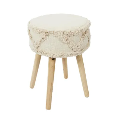 Produktbild von Runder Hocker im Boho-Design – ø 30 x 41 cm – Holzbeine und weiche Polsterung – Perfekt für Wohnzimmer oder Schlafzimmer – Beige
