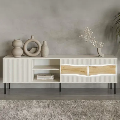 Image de Luvinate - Meuble TV Beige 190x40x62h cm, 2 étagères