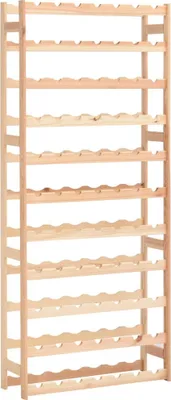 A tall, narrow wooden wine rack with multiple shelves designed to hold many bottles.