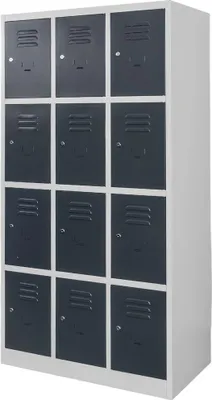 Zdjęcie produktu dla Szafka ubraniowa skrytkowa BHP metalowa Mega-M J-90/12 12-drzwiowa szara/grafitowy front 90x50x180cm skręcana