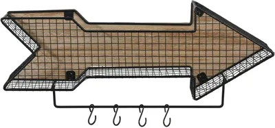 A wall shelf shaped like an arrow with a wooden insert and black metal wireframe, featuring four hooks on the bottom.