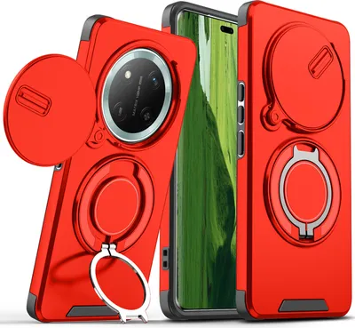 Image de Etui double couche pour Honor X9C / Honor Magic7 Lite, avec couvercle coulissant pour l'appareil photo et anneau magnétique Rouge