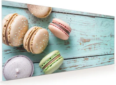Produktbild von Küchenrückwand Spritzschutz Glas mit Motiv Macarons auf Holz 40 x 40 cm