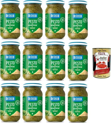 Produktbild von De Cecco Pesto alla Genovese con Parmigiano Reggiano senza aglio Pesto mit frischem Basilikum, Parmigiano Reggiano ohne Knoblauch Italienisches Sauce 12x190g + Italian Gourmet polpa 400g