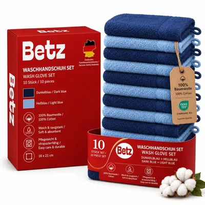 Produktbild von Betz 10 Stück Waschhandschuhe 16x21 cm PREMIUM 100% Baumwolle Farbe: dunkelblau und hellblau