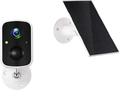 A white outdoor security camera and a white solar panel are shown against a white background.