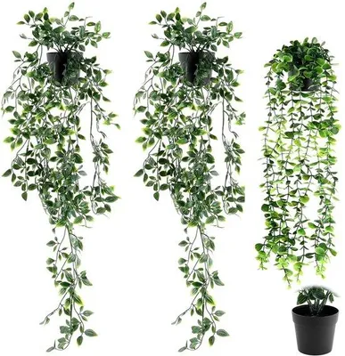 Zdjęcie produktu dla Zestaw 3 sztuk sztucznych roślin wiszących, sztuczne rośliny w doniczkach, dekoracja z pnączy winorośli, sztuczne rośliny wiszące do wnętrz i na zewnątrz, zielona dekoracja