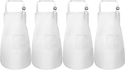 Produktbild von 4 Stück Weiß Kinder Schürze Set, Kinder Verstellbare Kochschürze mit 2 Taschen für Jungen Mädchen, Kind Küchenschürzen für Küche Kochen Malerei Backen (7-13 Jahre)