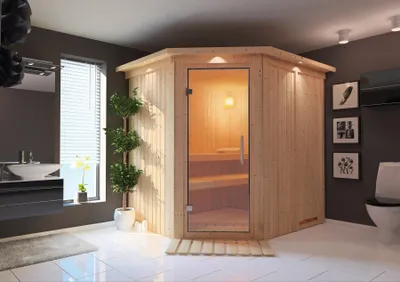 Produktbild von Karibu Sauna Innensauna Siirin Eckeinstieg ohne Zubehör 210x184x202 cm mit Dachkranz mit Klarglastür