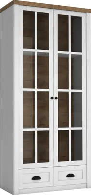 Produktbild von Furniture24 Vitrine Prowansja W2S Schrank 2 türiger Vitrinenschrank mit 2 Schubladen Wohnzimmer Kiefer Weiß/lefkas Eiche