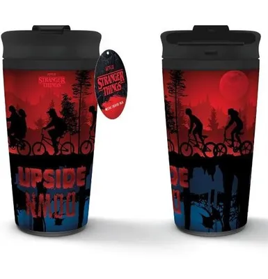 Two Stranger Things themed travel mugs are shown against a white background. One mug is shown from the front, and the other from the side. Both mugs feature a silhouette of characters riding bicycles against a red sky with a large red moon.