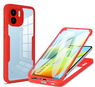 A red phone case with a transparent back is shown next to a phone inside a similar case.