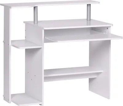 A white computer desk with a keyboard tray and shelves, shown against a white background.