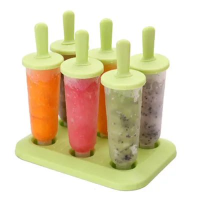 A set of six popsicle molds filled with different colored frozen treats, displayed in a light green plastic tray.