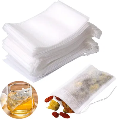 Produktbild von 100 Stück Leere Teebeutel - Einwegbeutel mit Kordelzug - 10 x 15 cm - für losen Tee, Gewürze, Kaffee, Kräuterpulver - Weiß