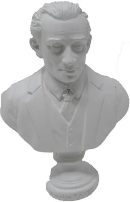 A white bust of Maurice Ravel on a white background.