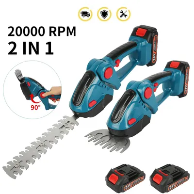 Produktbild von Elektrische Heckenschere 2-in-1 - Kabellose Gras- und Strauchschere - Handgerät - 2 Akkus - Blau